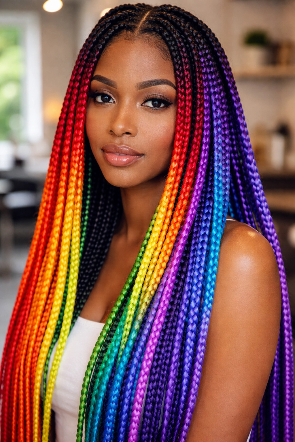 Close-up of a real person wearing full-spectrum rainbow box braids in a salon