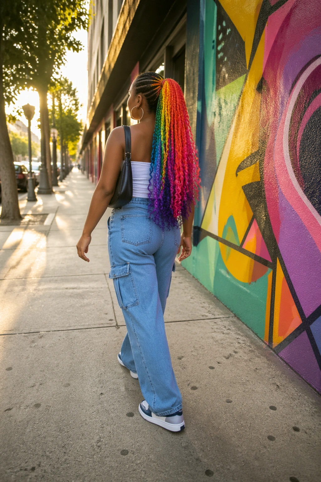 Woman with rainbow feed-in braided ponytail walking on sunny city street.
