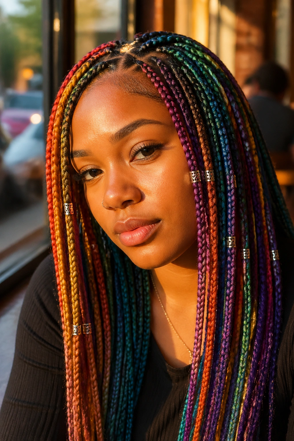 Close-up of a real person with rainbow box braids and metal cuffs on some strands in a cafe-lit setting
