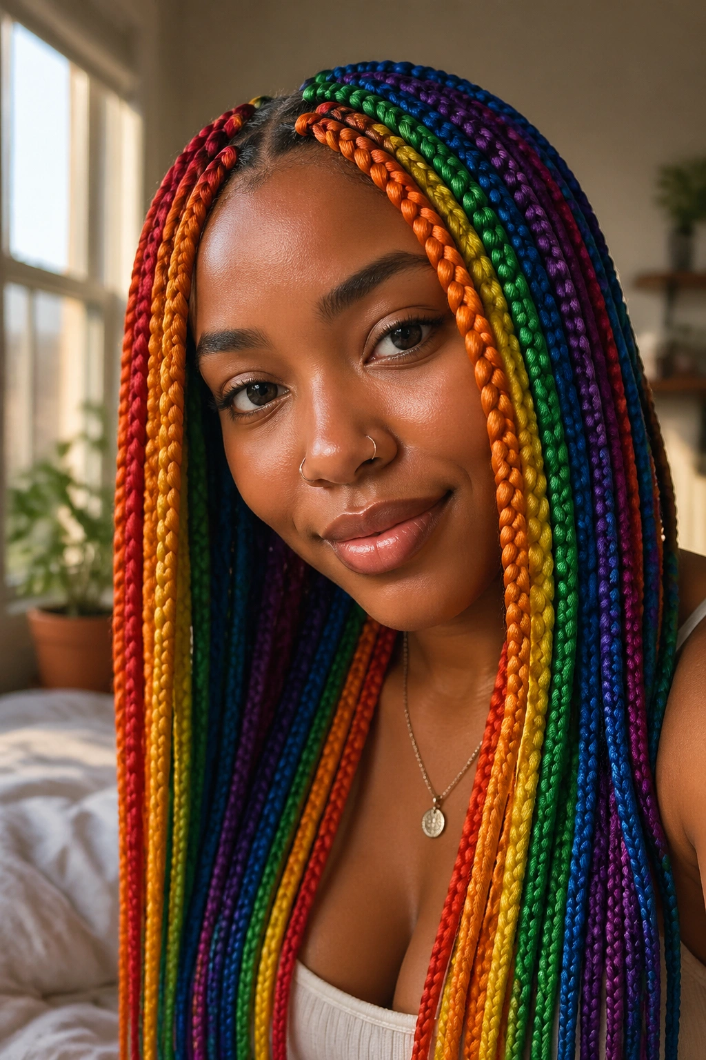 Close-up of a real person with full-head rainbow box braids in ROYGBIV sequence under warm window light