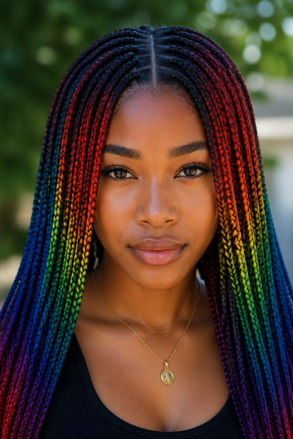 Real person with rainbow micro box braids, multicolor strands across head