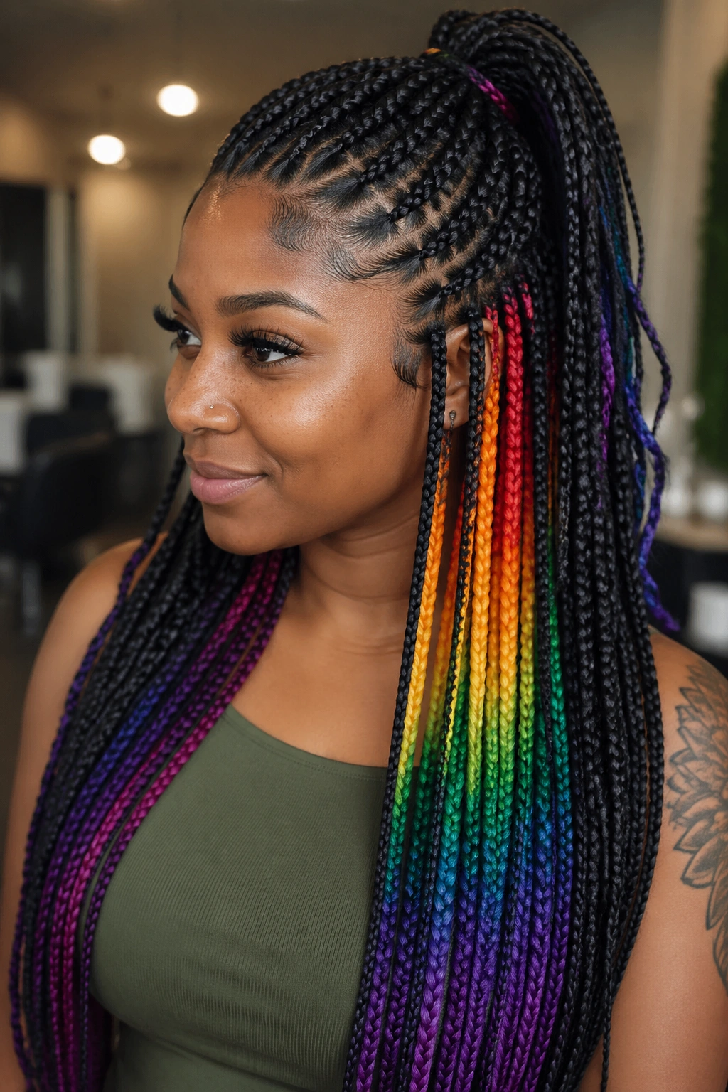 Real woman with dark outer braids and rainbow peekaboo panels beneath, shown in a half-up hairstyle in a salon.
