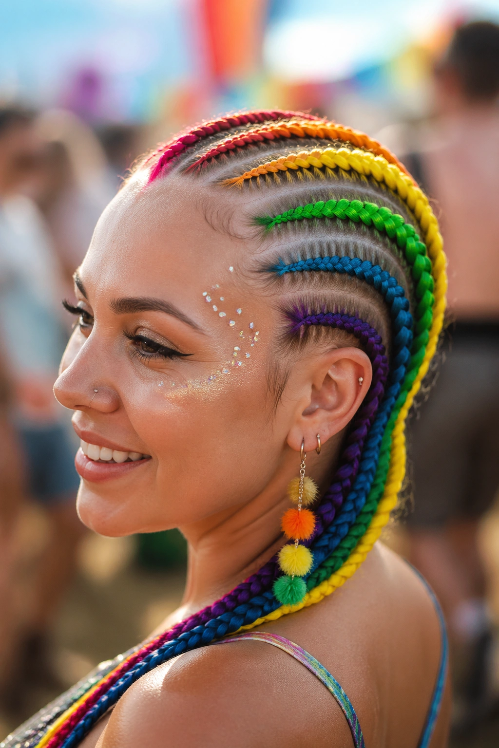 Close-up of a real person with rainbow cornrows in bright colors