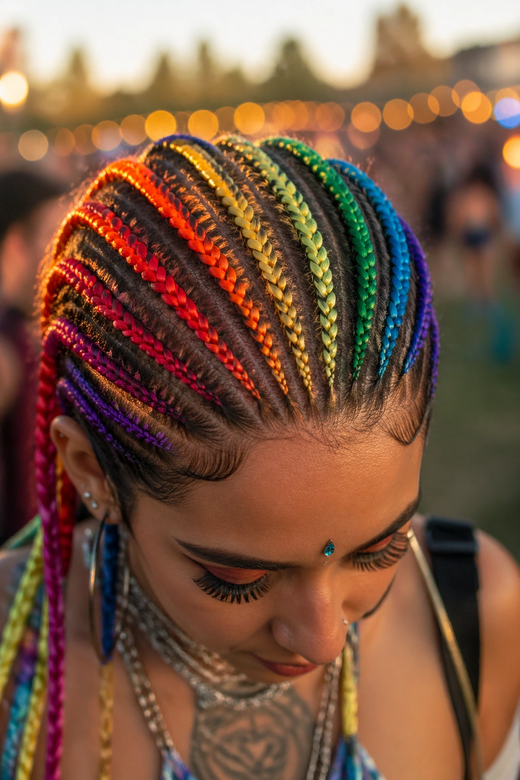 Close-up portrait of rainbow cornrows on a real person, festival hairstyle