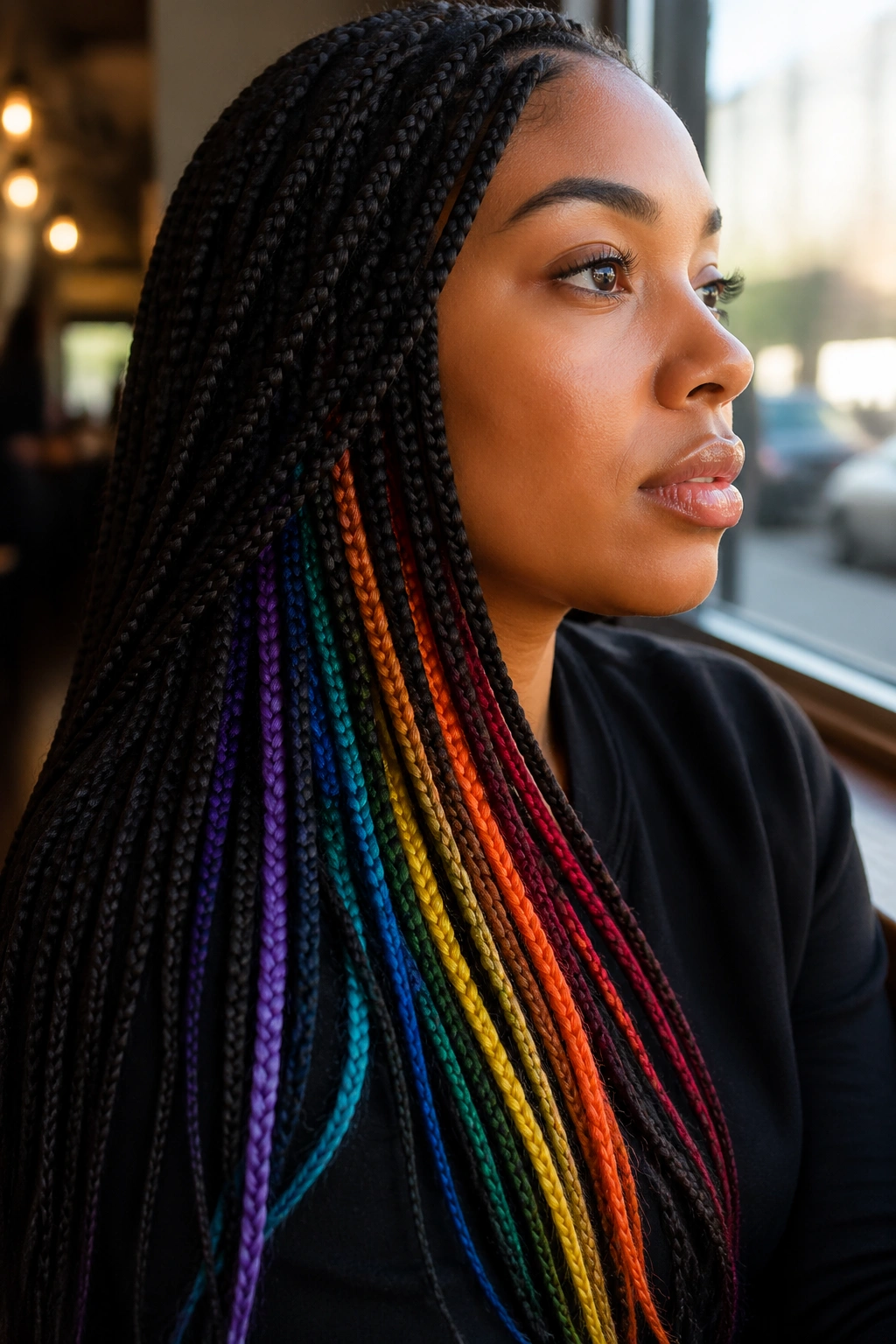 Portrait showing hidden rainbow colors tucked inside box braids.