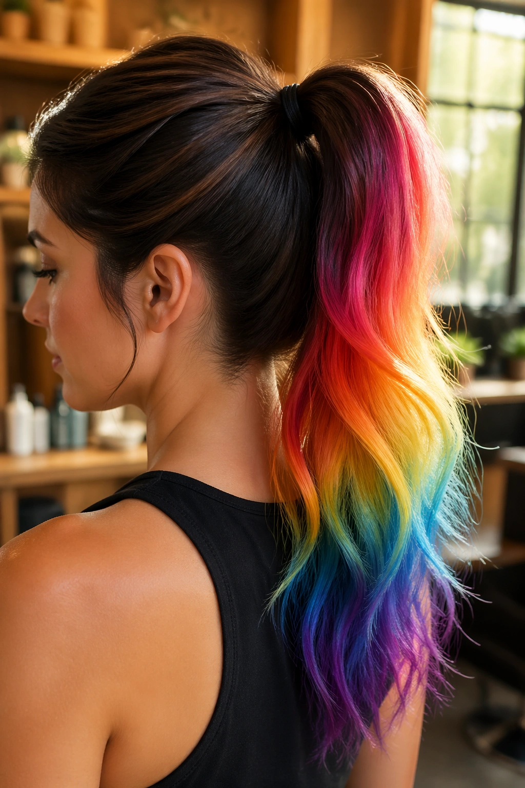 Real woman with brunette-to-rainbow fade ponytail in a salon, close-up profile