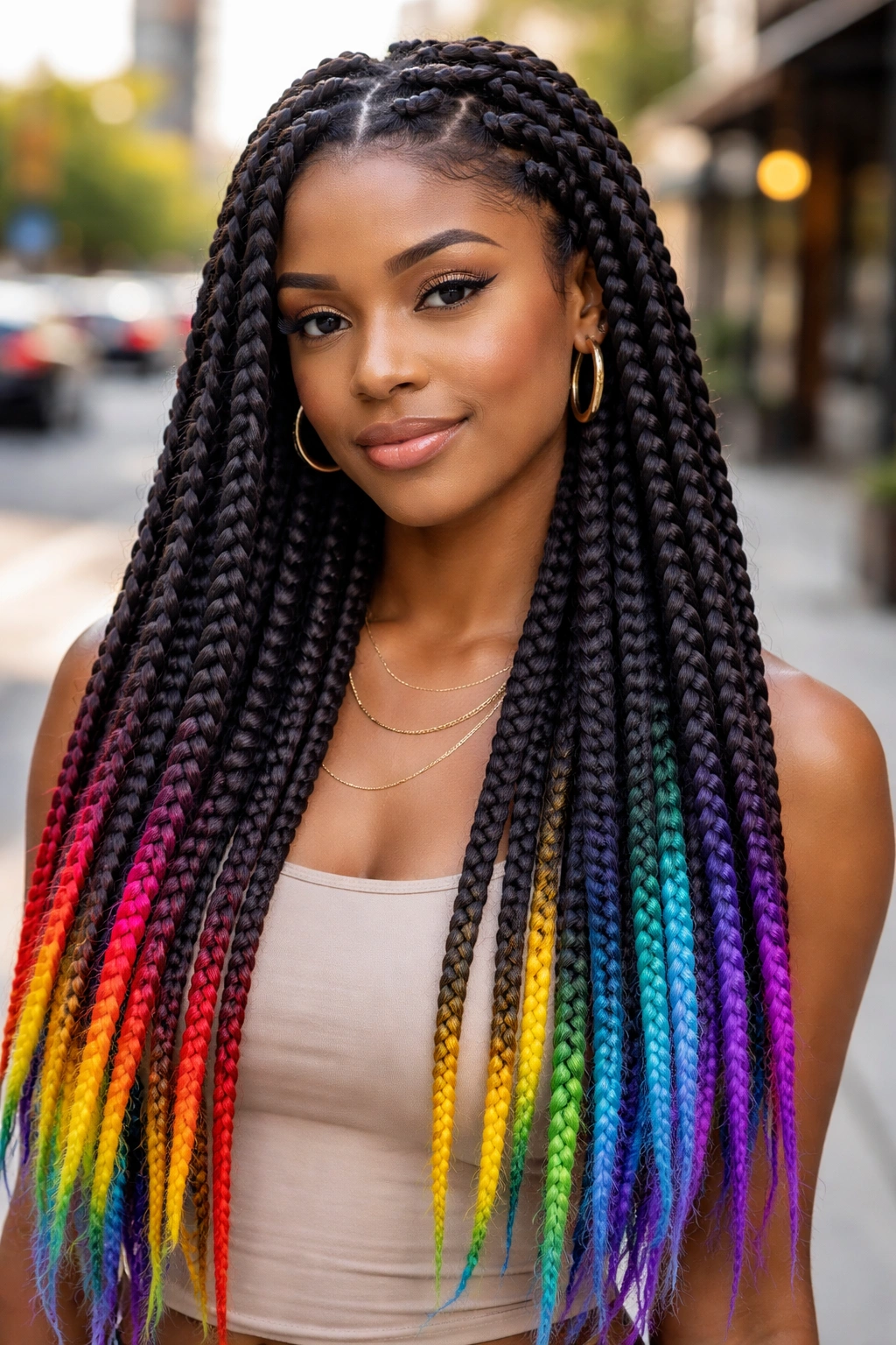 Close-up of rainbow-tipped jumbo box braids on a real person