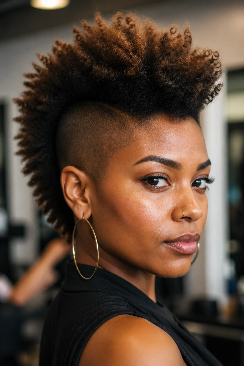 Close-up of a woman with a raised Mohawk and visible undercut on the sides