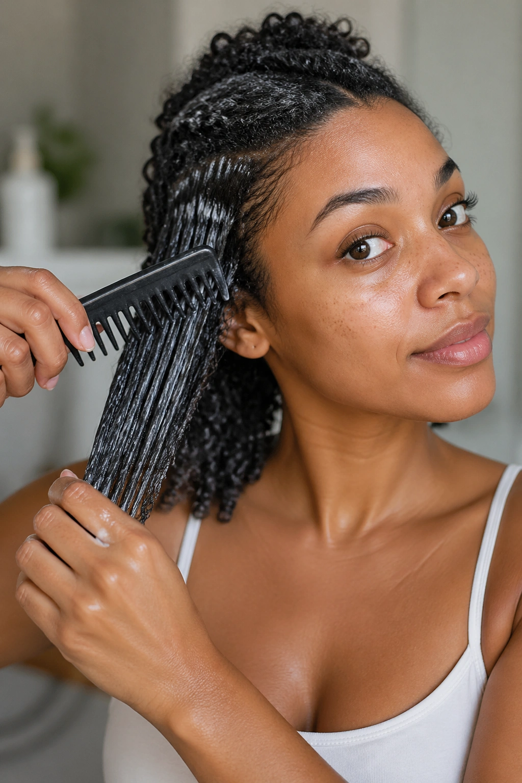 Real person performing rake-through technique on wet hair