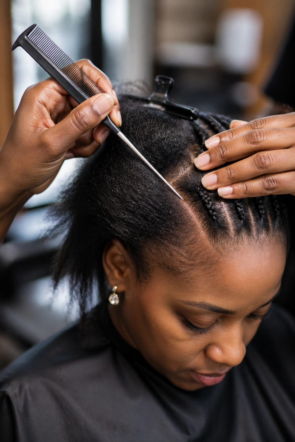 Close-up of a rat-tail comb parting hair on a real person in a salon