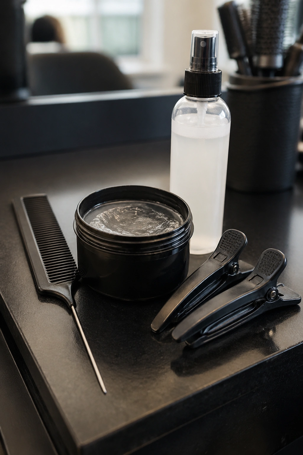 Close-up of rat-tail comb, edge control, leave-in, and clips as essential tools