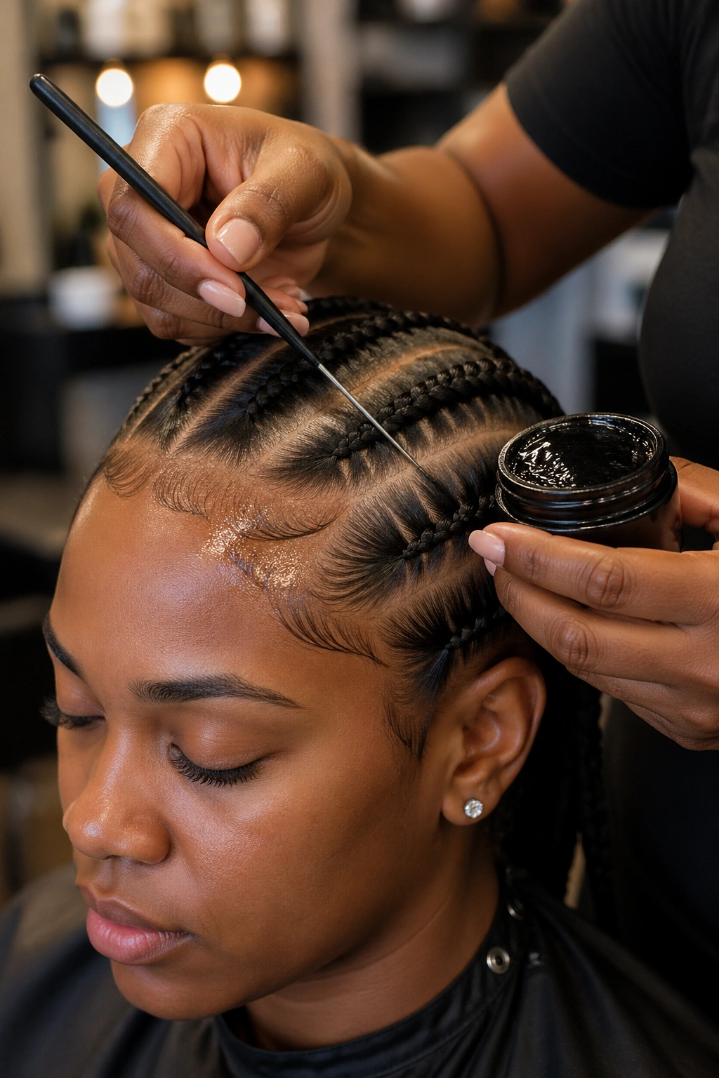 Hands using rat-tail comb and edge gel on real hair in a salon.