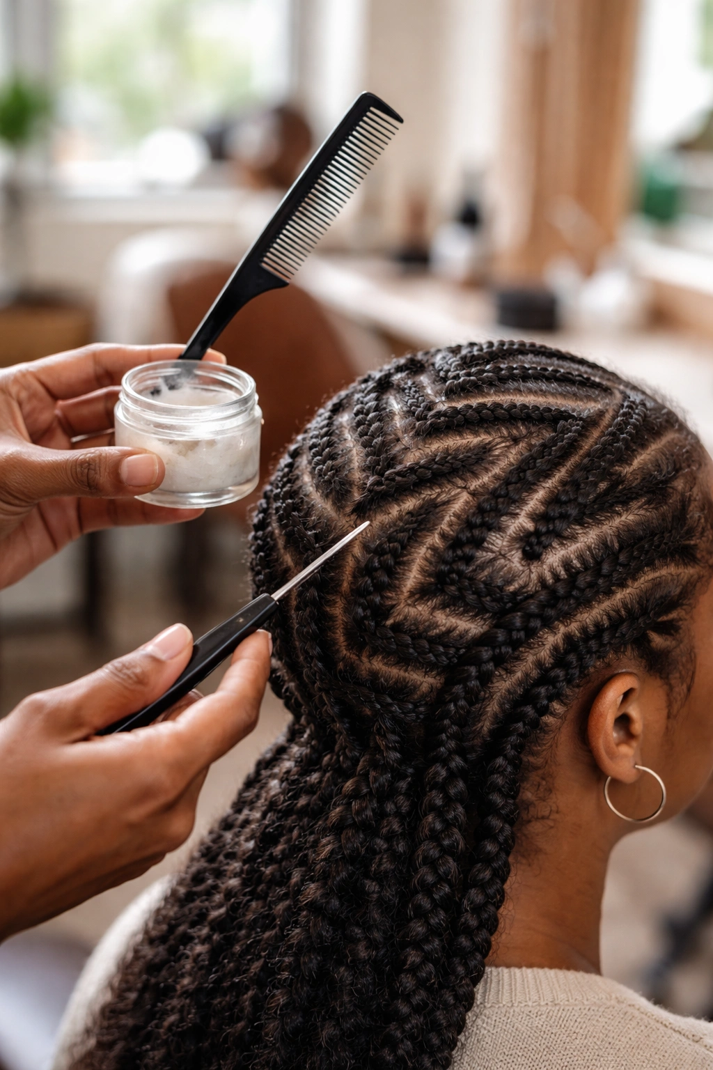 Hands holding rat-tail comb and edge gel near zigzag cornrows