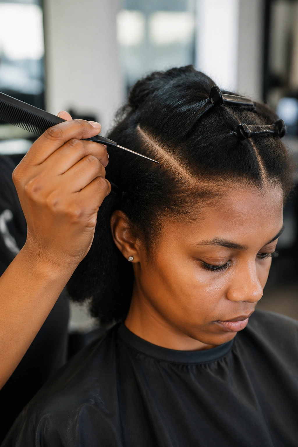 Hand using rat-tail comb to part hair in a salon