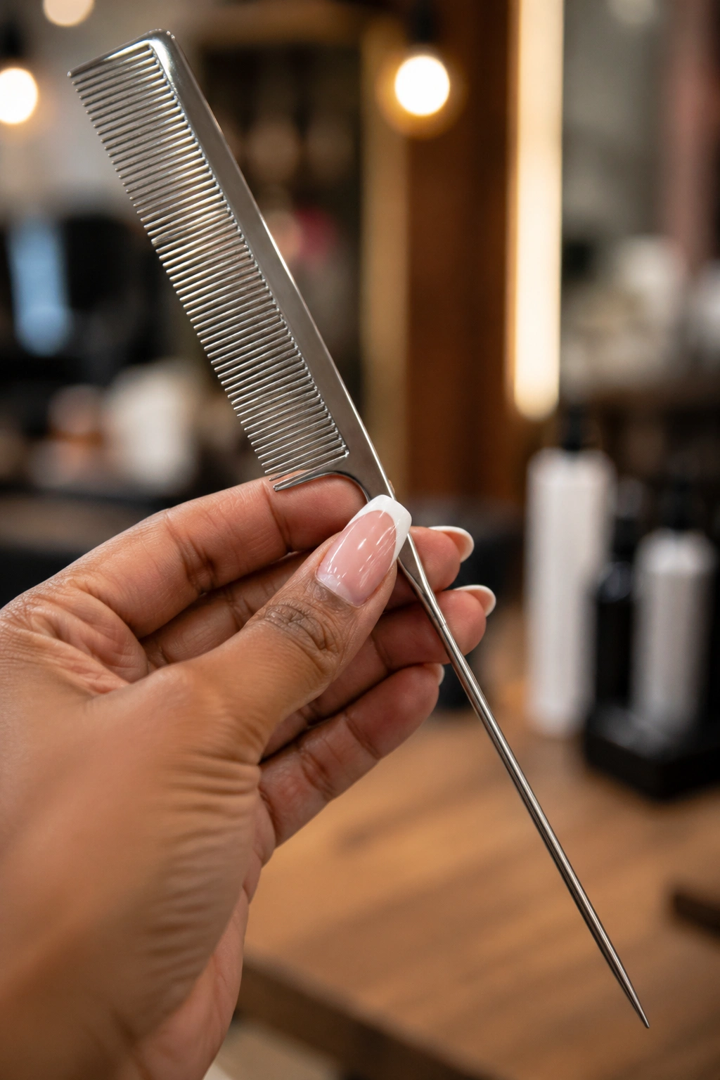 Close-up of rat-tail comb used for cornrow styling in a salon