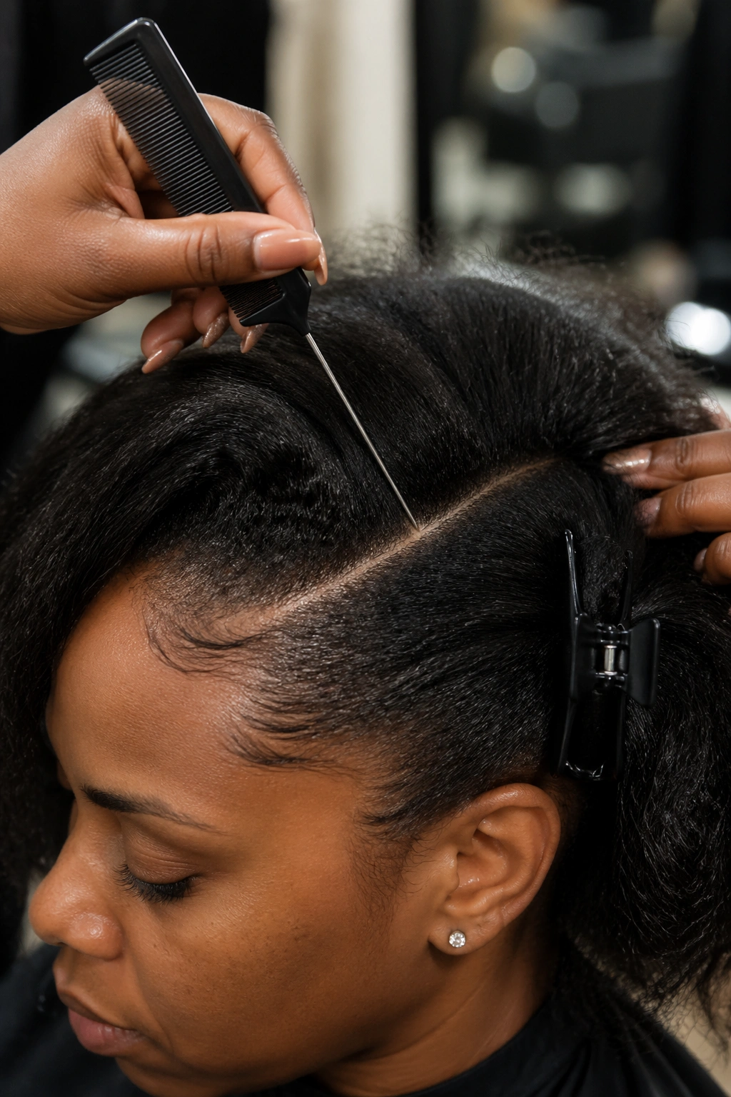 Close-up of rat-tail comb drawing a part in hair in a salon