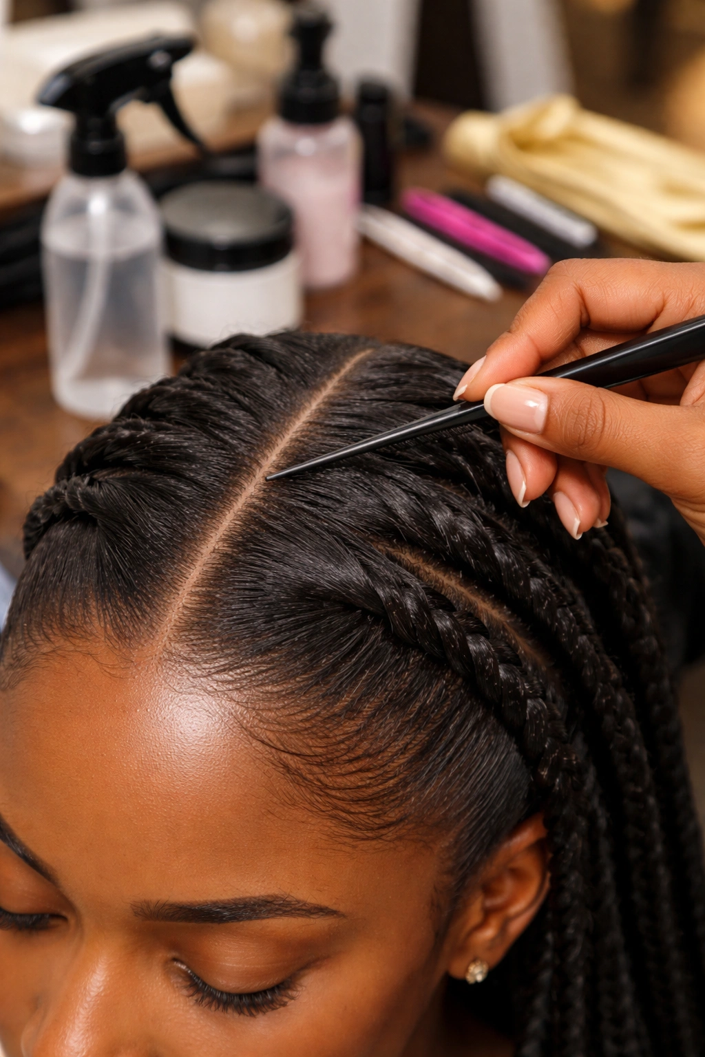 Close-up of rat-tail comb parting hair on a real person's scalp