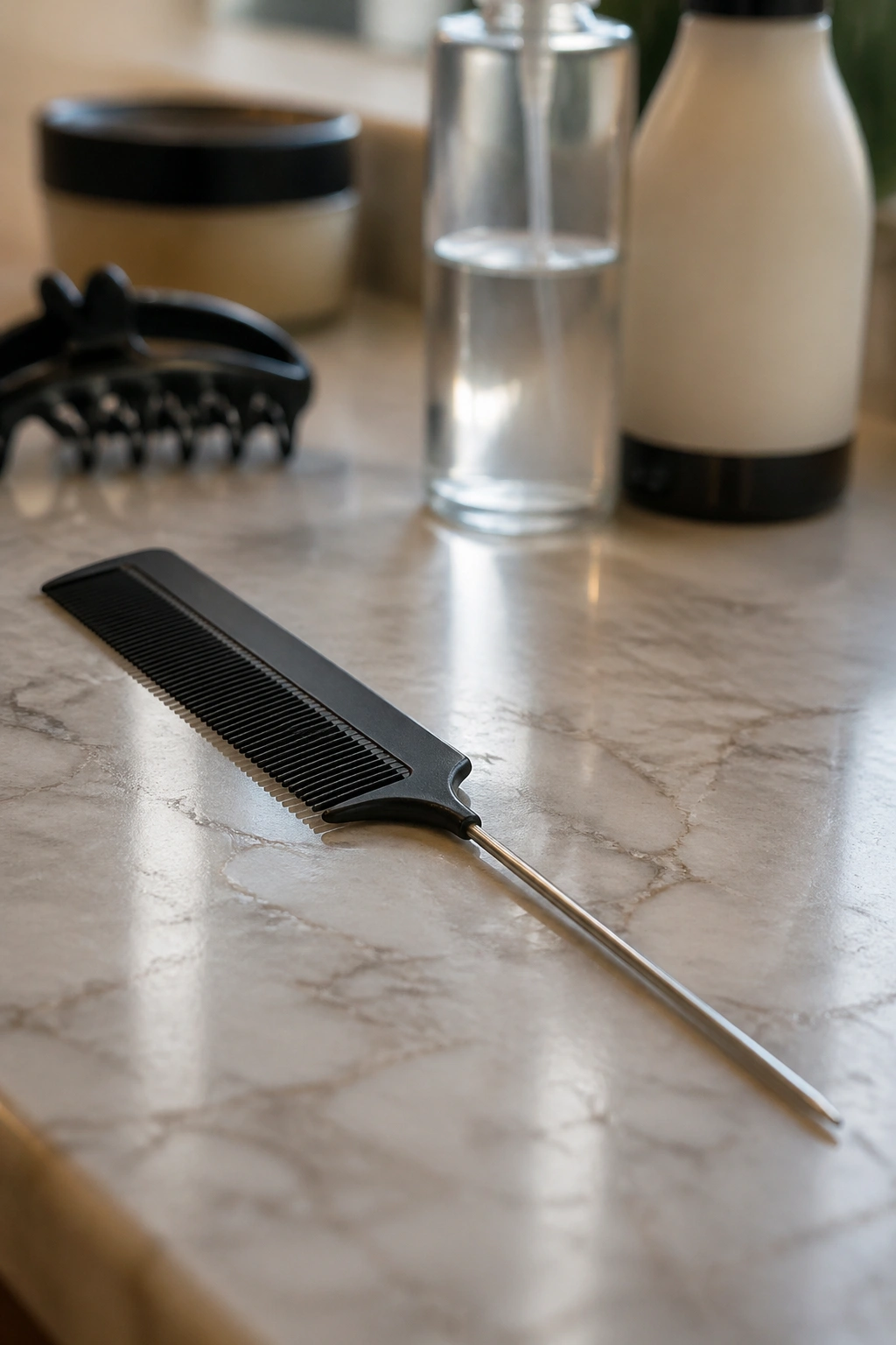 Rat-tail comb on bathroom counter with blurred grooming products