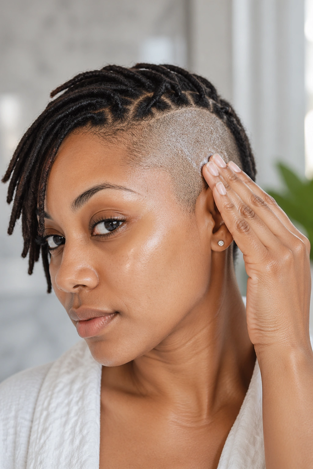 Close-up of real person massaging moisturizer into shaved scalp to prevent razor burn
