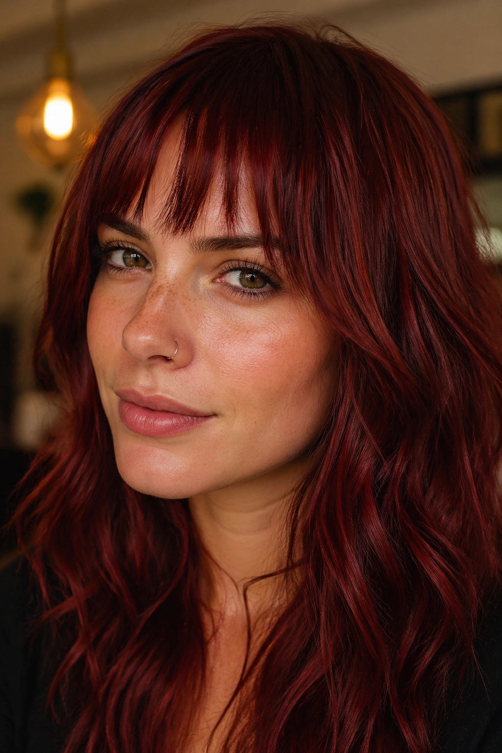 Close-up of razor-cut bangs with a broken line on burgundy red hair