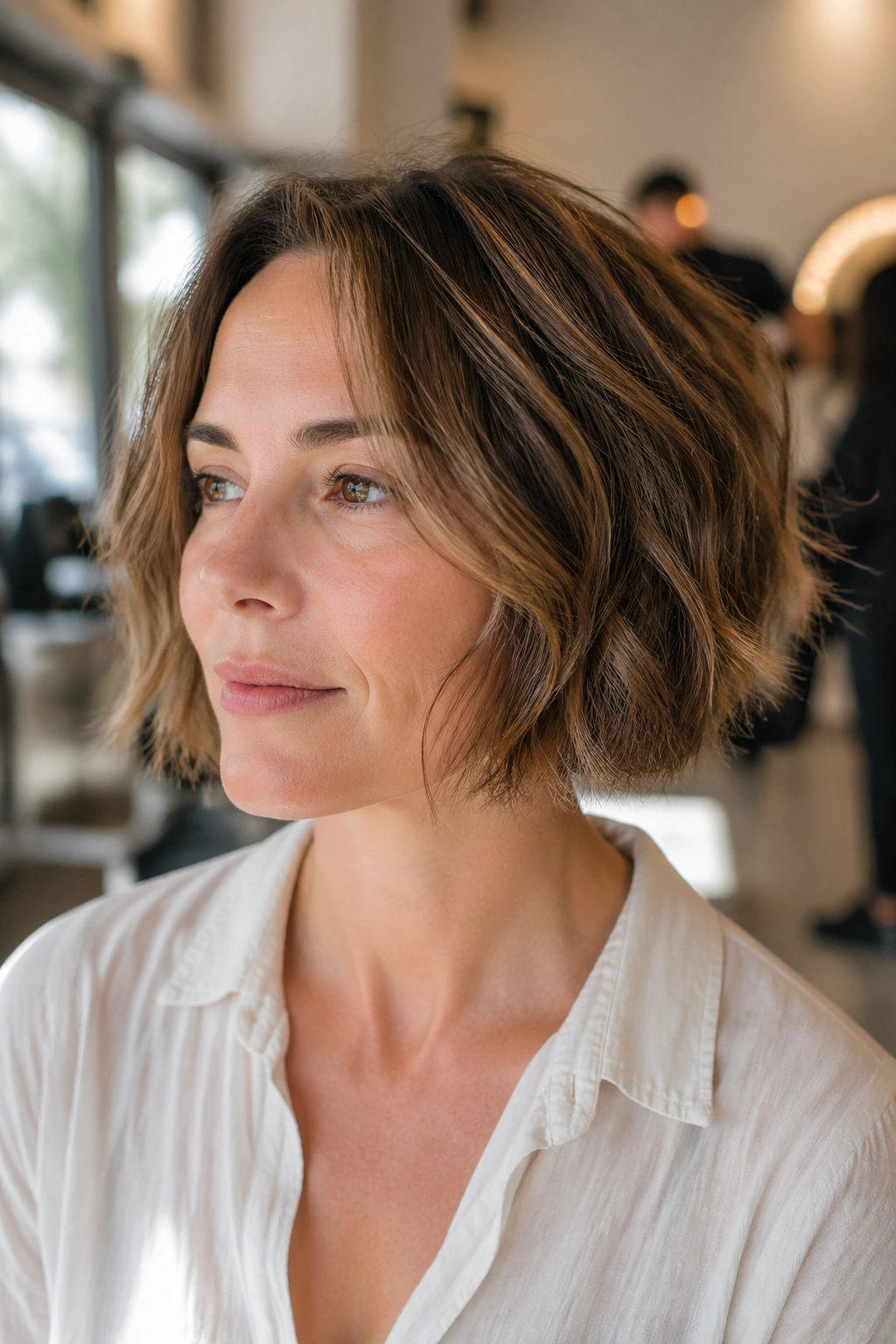 Close-up of a real woman with a razor-cut bob on fine wavy hair in a sunlit salon