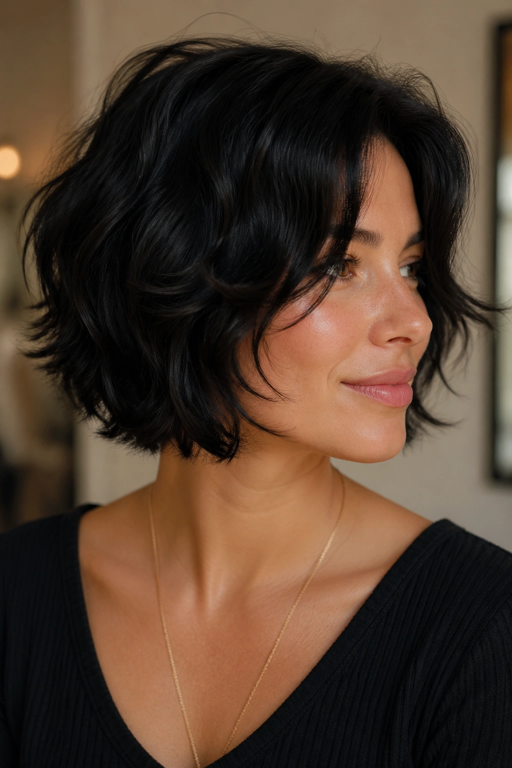 Close-up portrait of a real woman with a razor-cut bob in soft window light