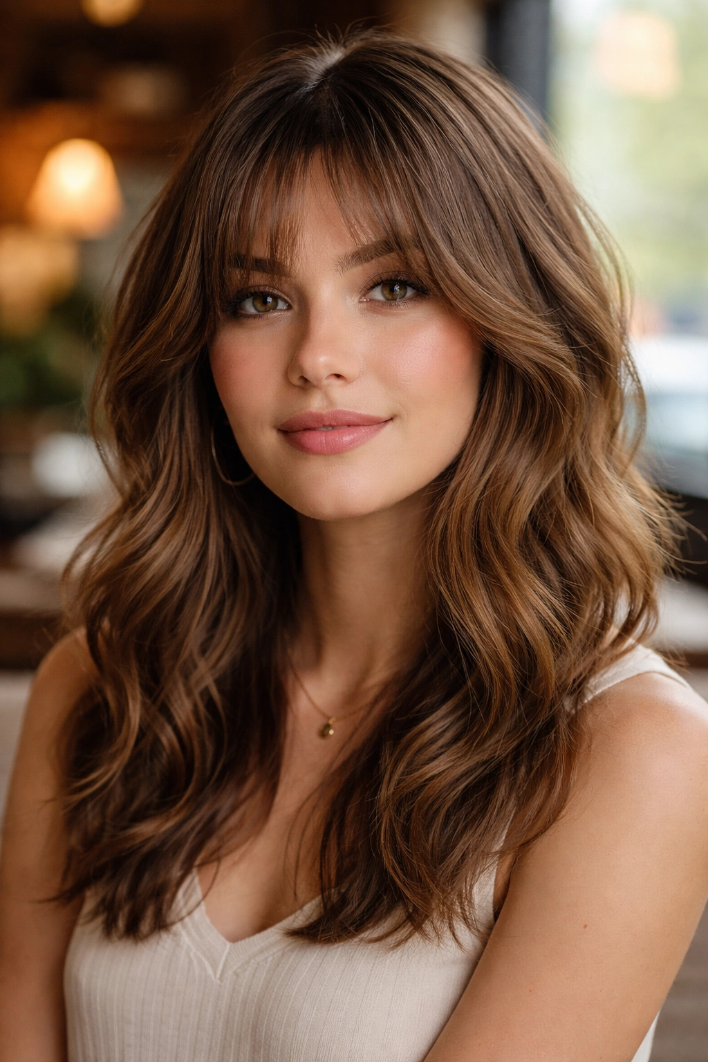 Close-up of a real woman with razor-cut curtain bangs.