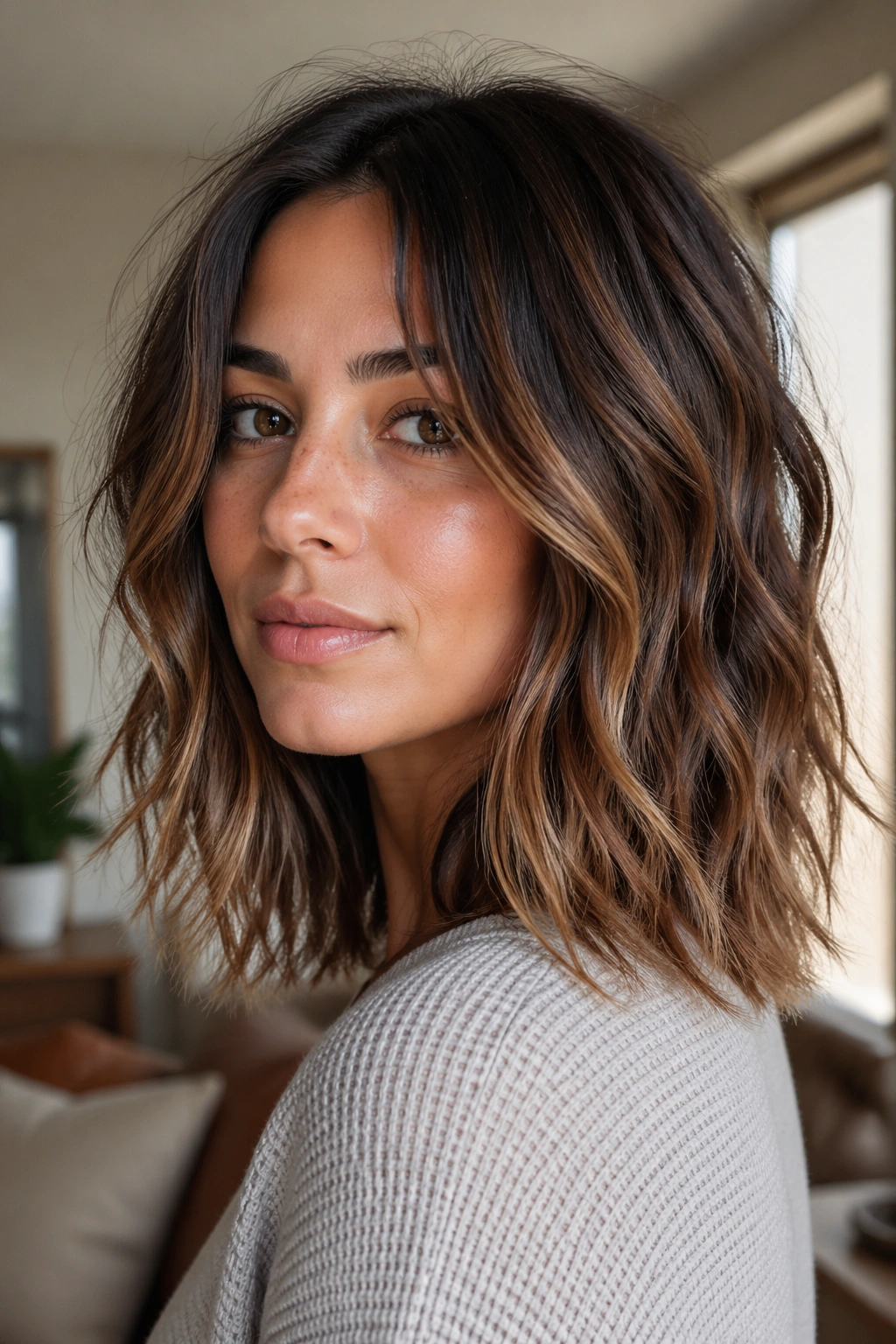 Close-up portrait of a woman with a razor-cut lob and airy ends in warm window light