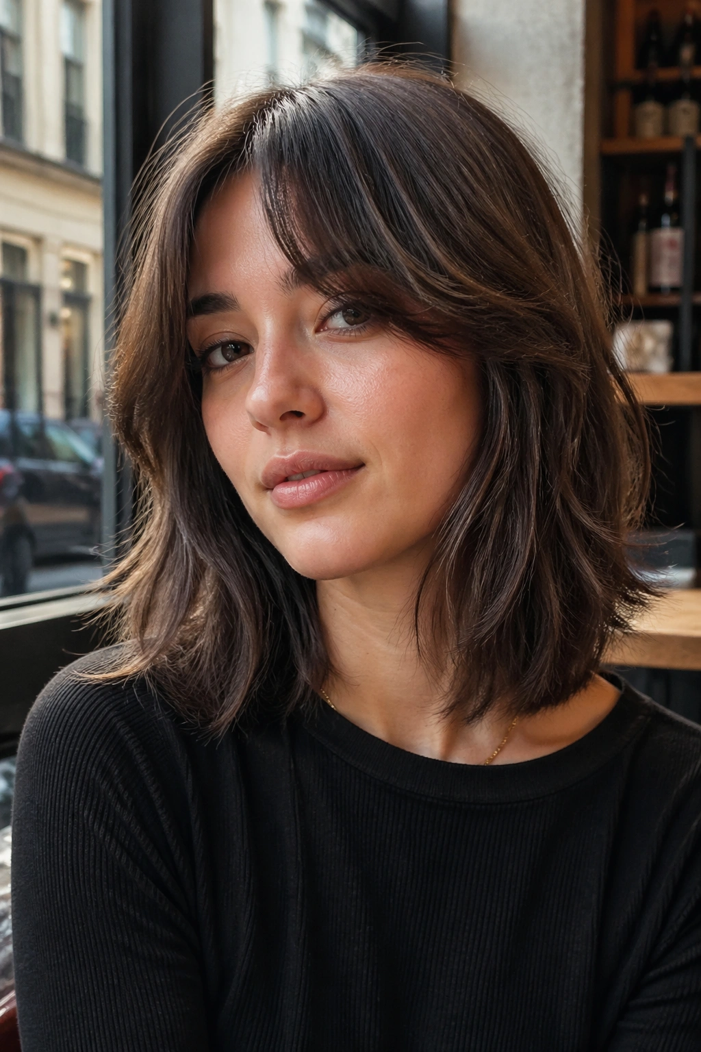Portrait of a real woman with razor-cut midi hair and soft curtain bangs in cafe daylight