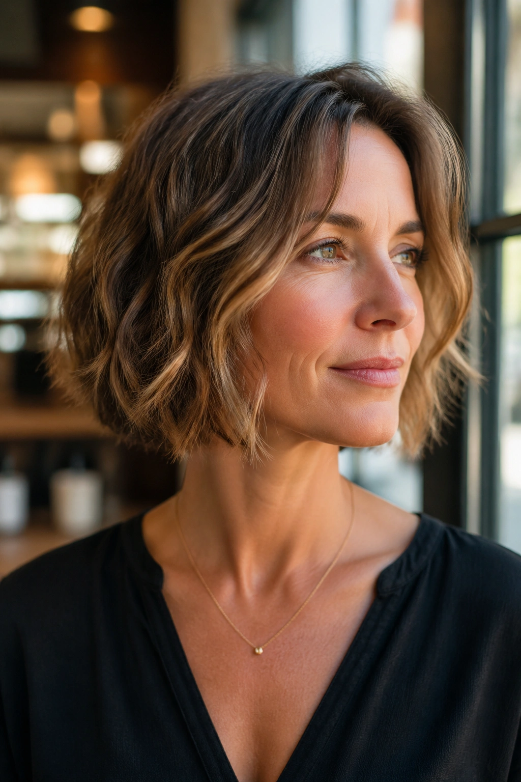 Close-up portrait of a woman with a razor-cut neck-length bob