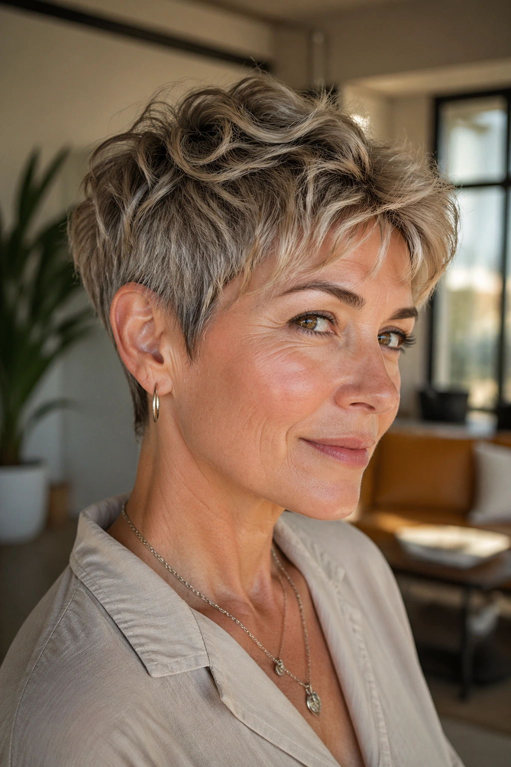 Close-up portrait of a real woman with a razor-cut pixie showing sharp edges and soft ends in natural light