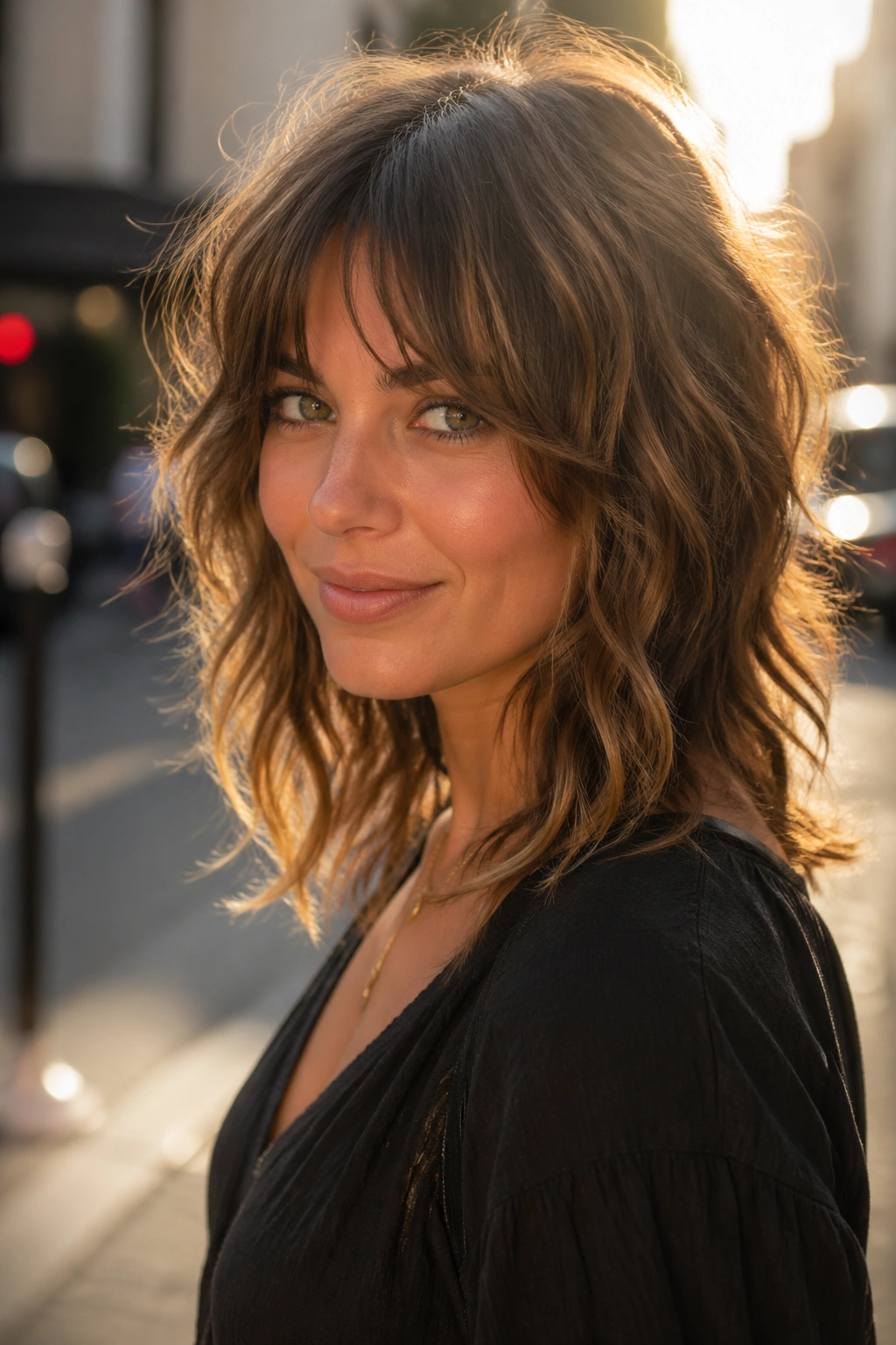 Close-up portrait of a real woman with a razor-cut shag hairstyle