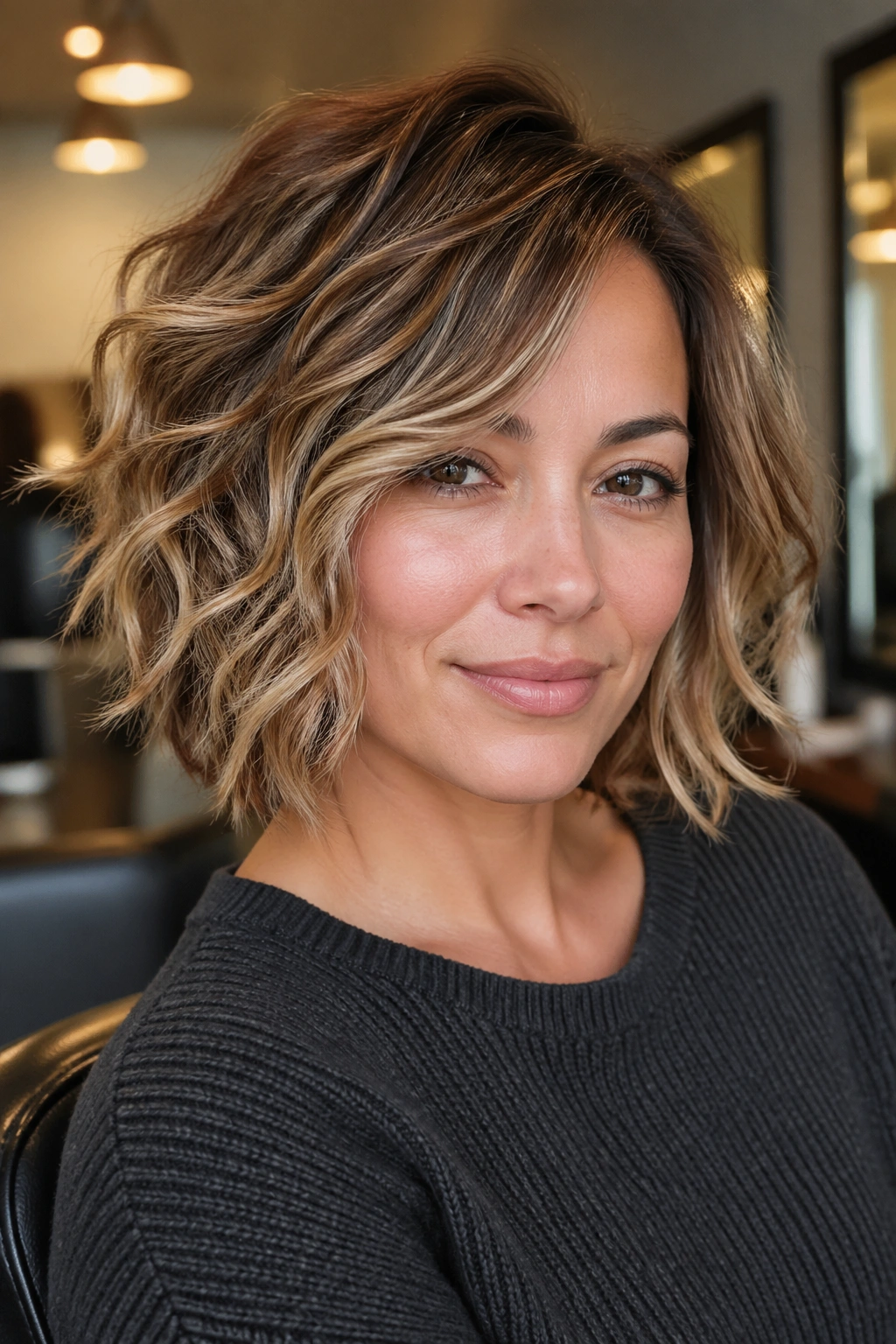 Close-up of a real person with razor-cut side-part shag showing airy, razor-cut layers.