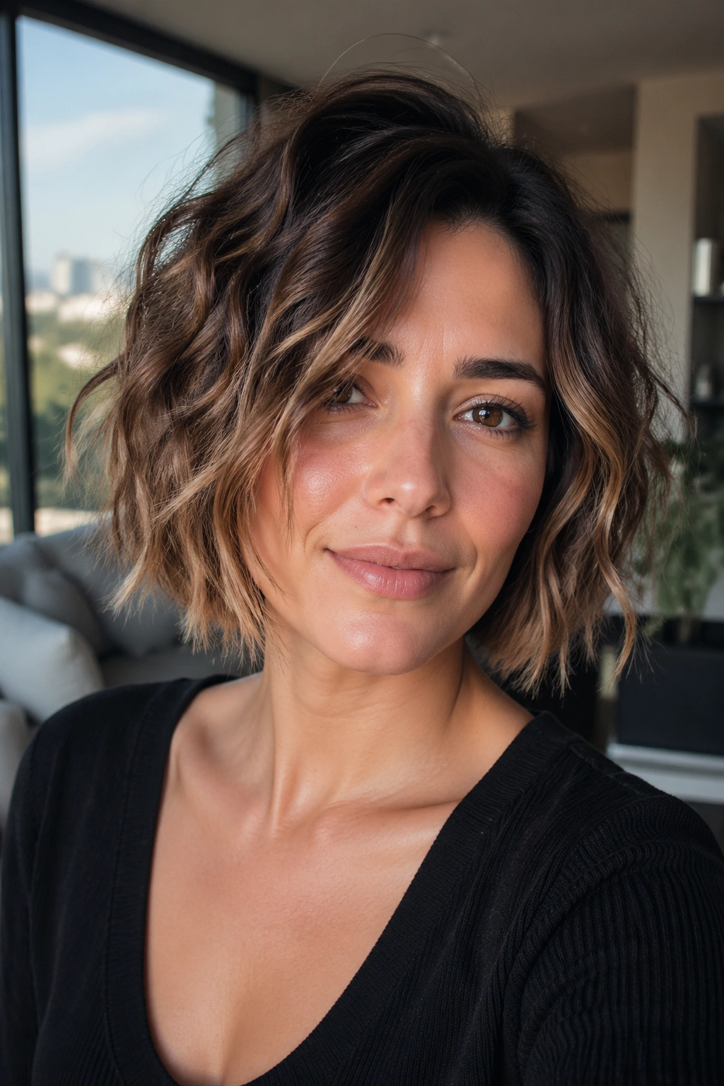 Real woman with razor-cut textured bob showing soft ends and texture