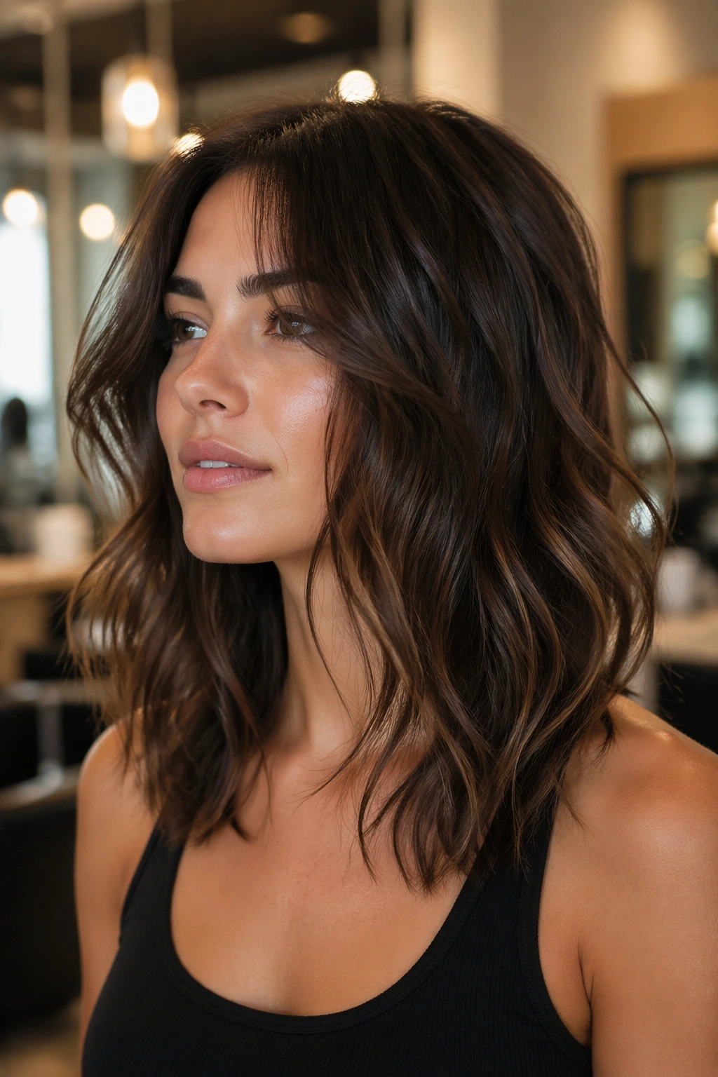 Close-up of a real woman with razor-cut medium brunette waves in a salon