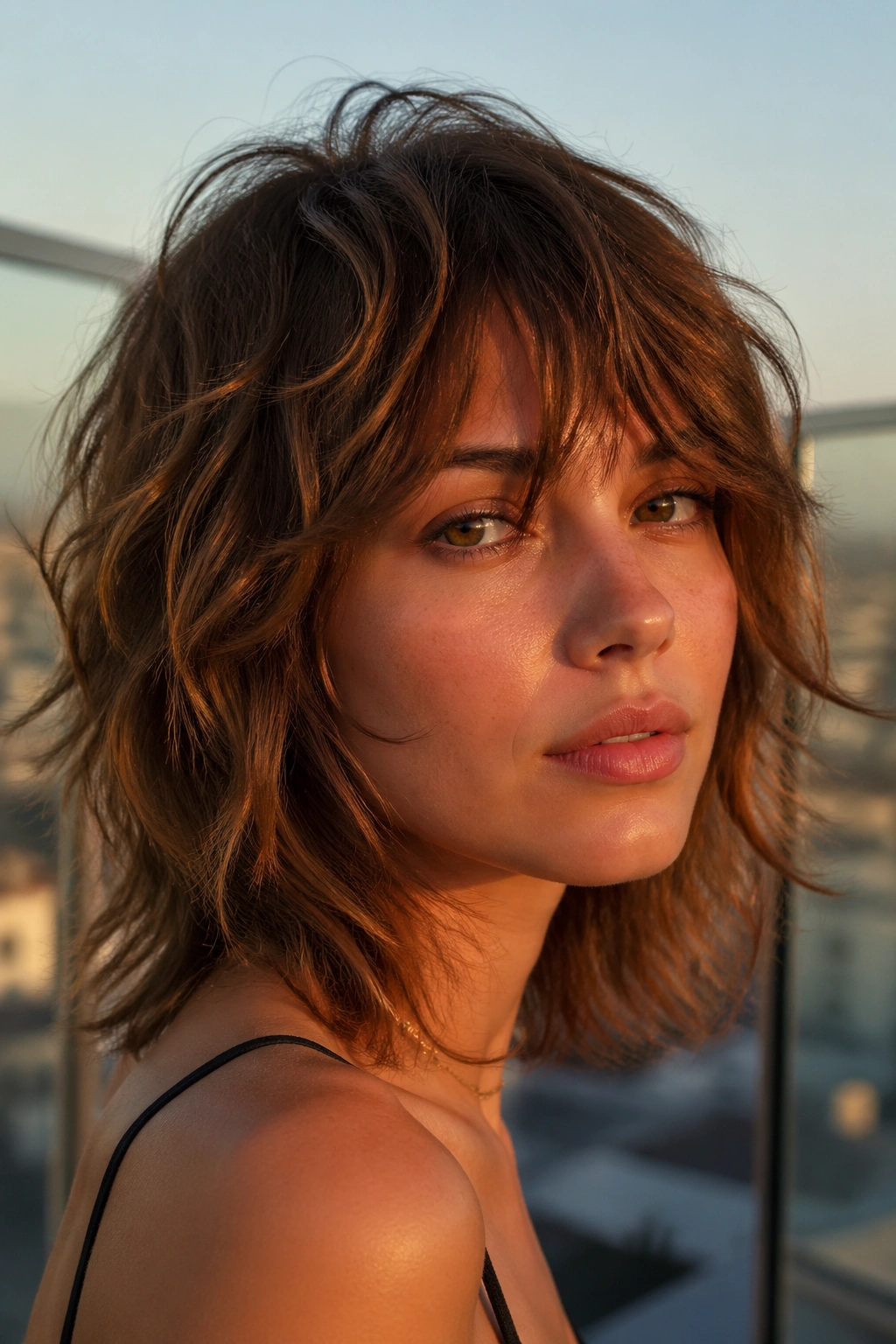 Close-up of a real woman with razor-cut wavy shag on a rooftop at golden hour.