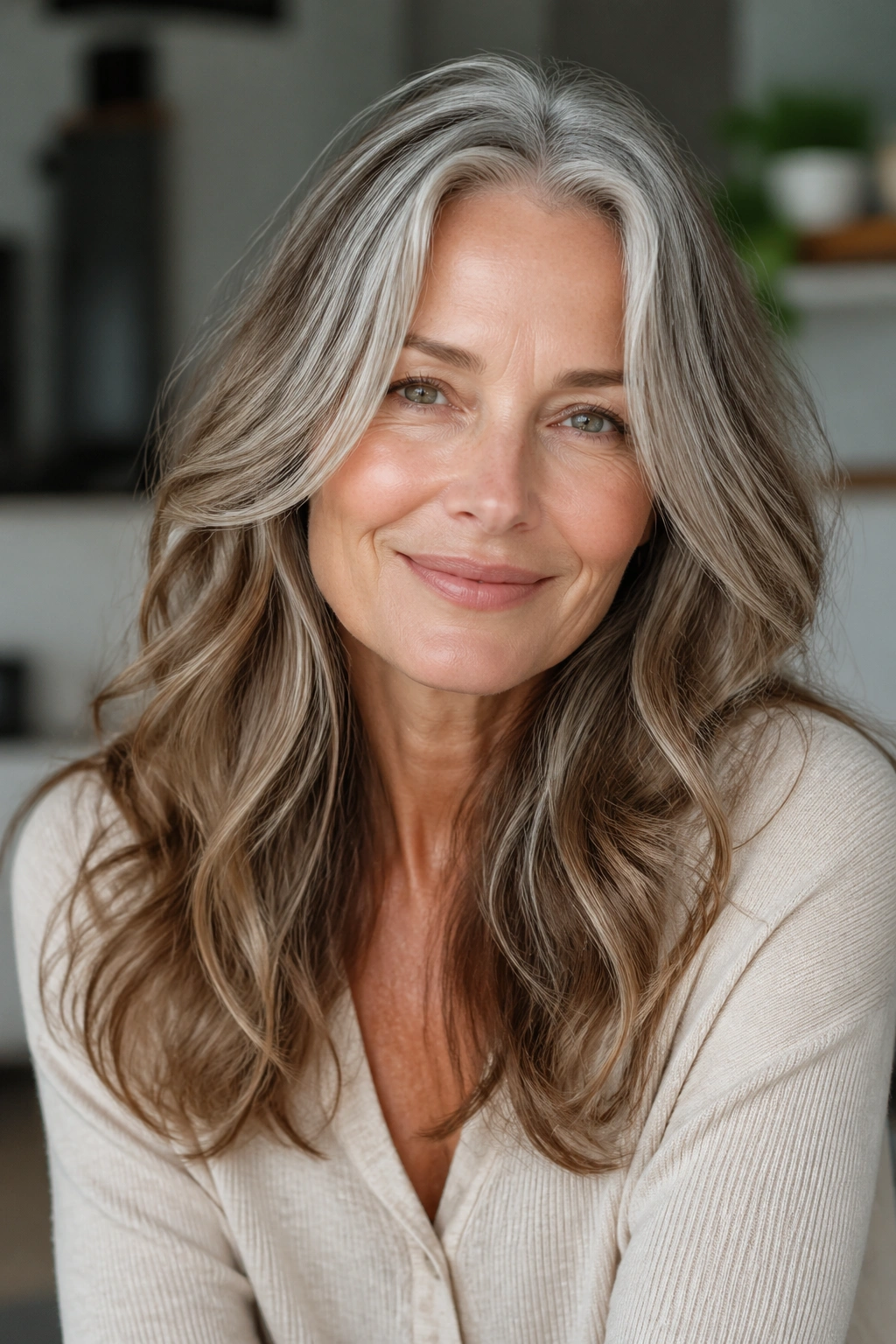 Close-up portrait of a real woman with long waves and razor-soft ends.