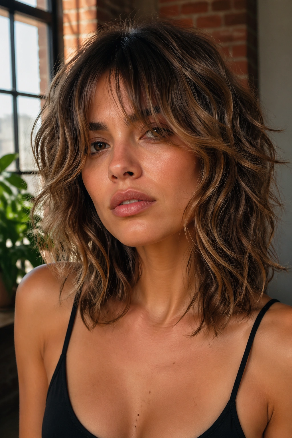 Close-up of a real woman with razor-cut shaggy edges and facial-framing layers