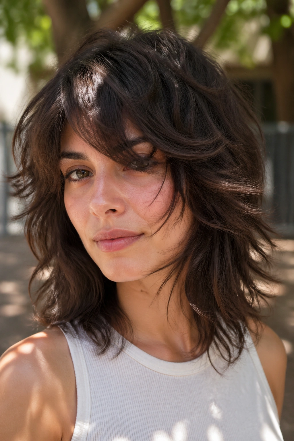 Close-up portrait of a real person with razor-soft shag side bangs