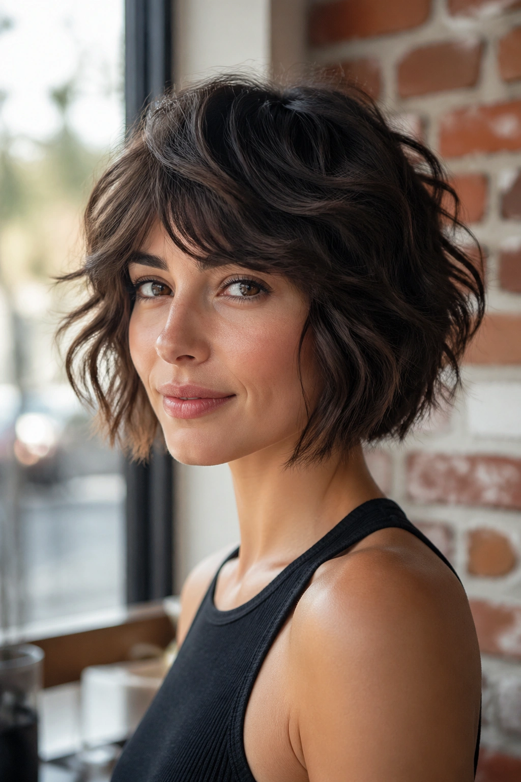 Real woman with razor-textured airy bob in a sunlit cafe window.