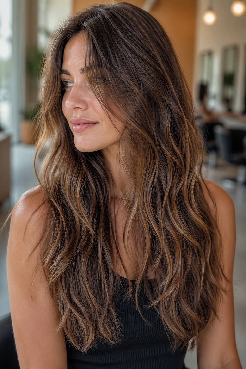 Real woman with long wavy hair and razor-cut ends in a natural-lit salon