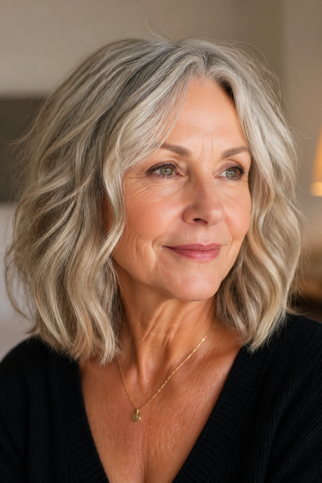 Real woman with a razored lob and relaxed ends in soft waves