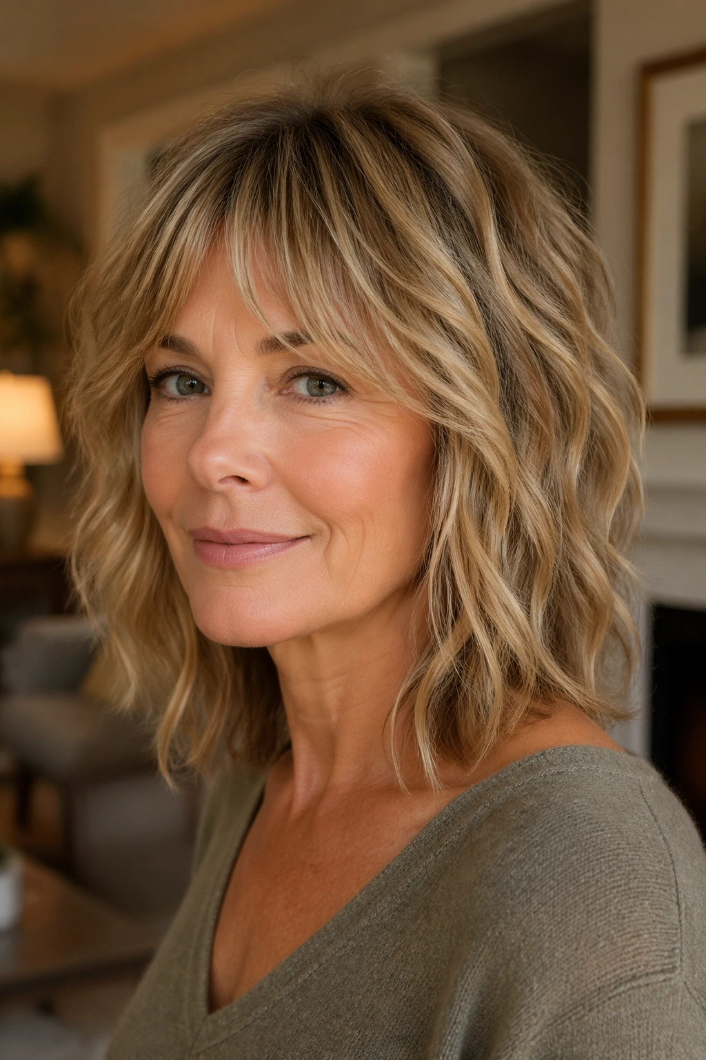 Close-up portrait of a real woman with shoulder-length razored shag and textured waves in warm indoor light.