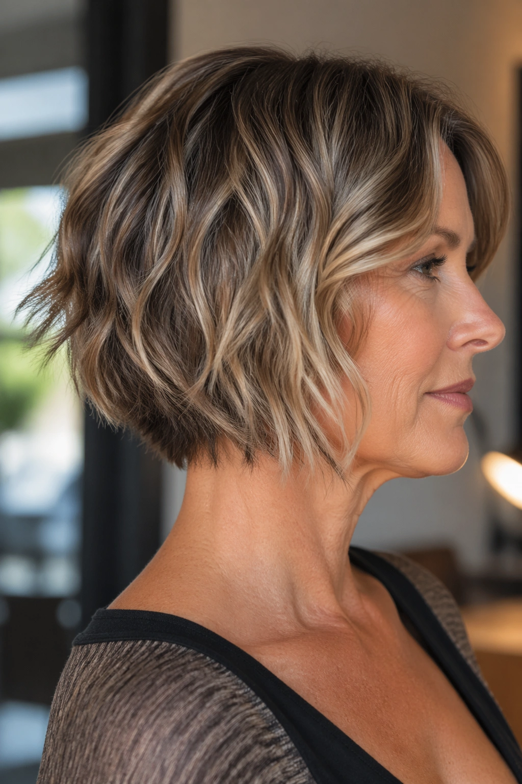 Portrait of a real woman with a razored wavy bob and piecey ends