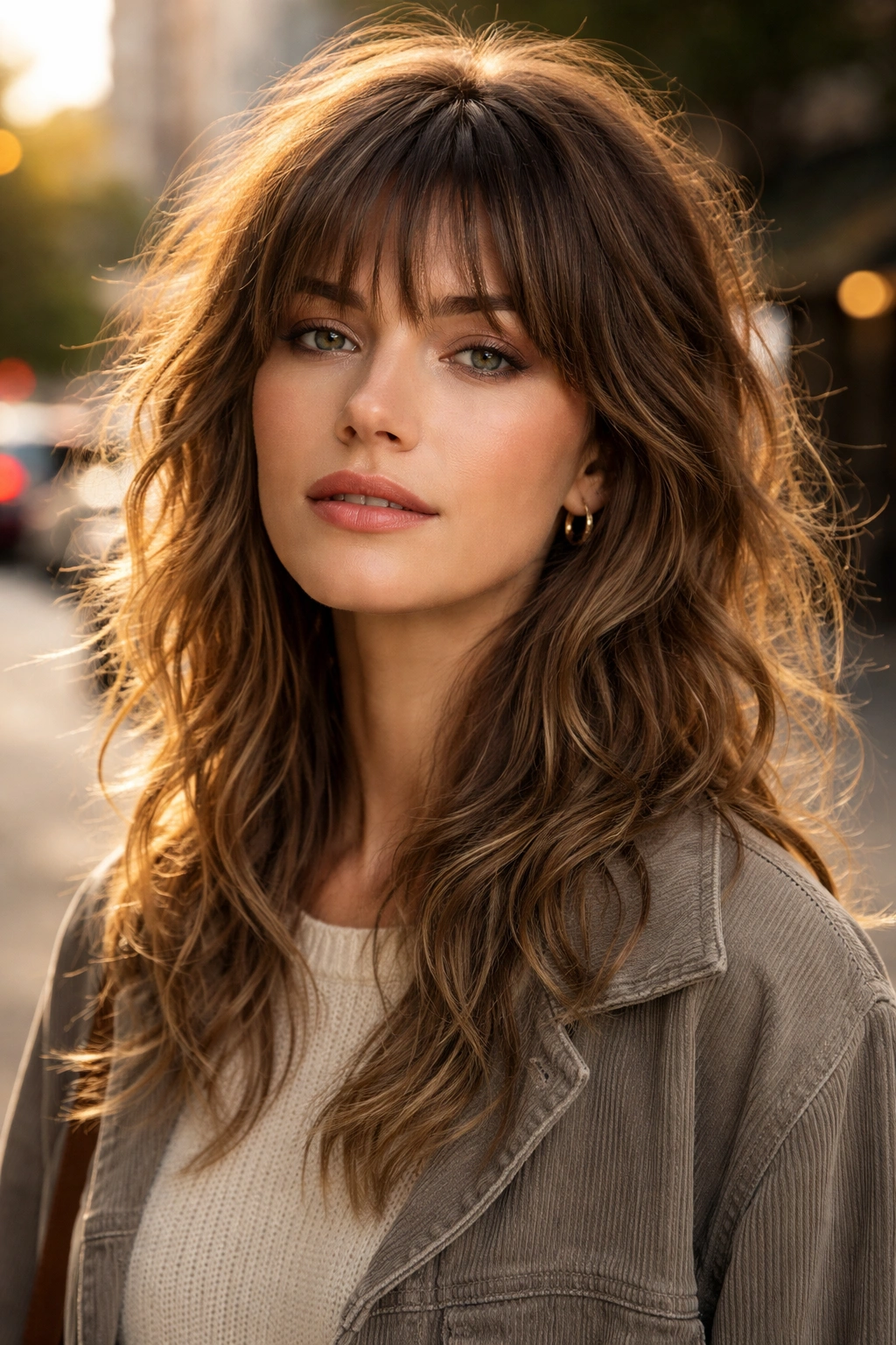 Close-up of a real person with razored wolf cut and piecey ends in urban golden hour light.