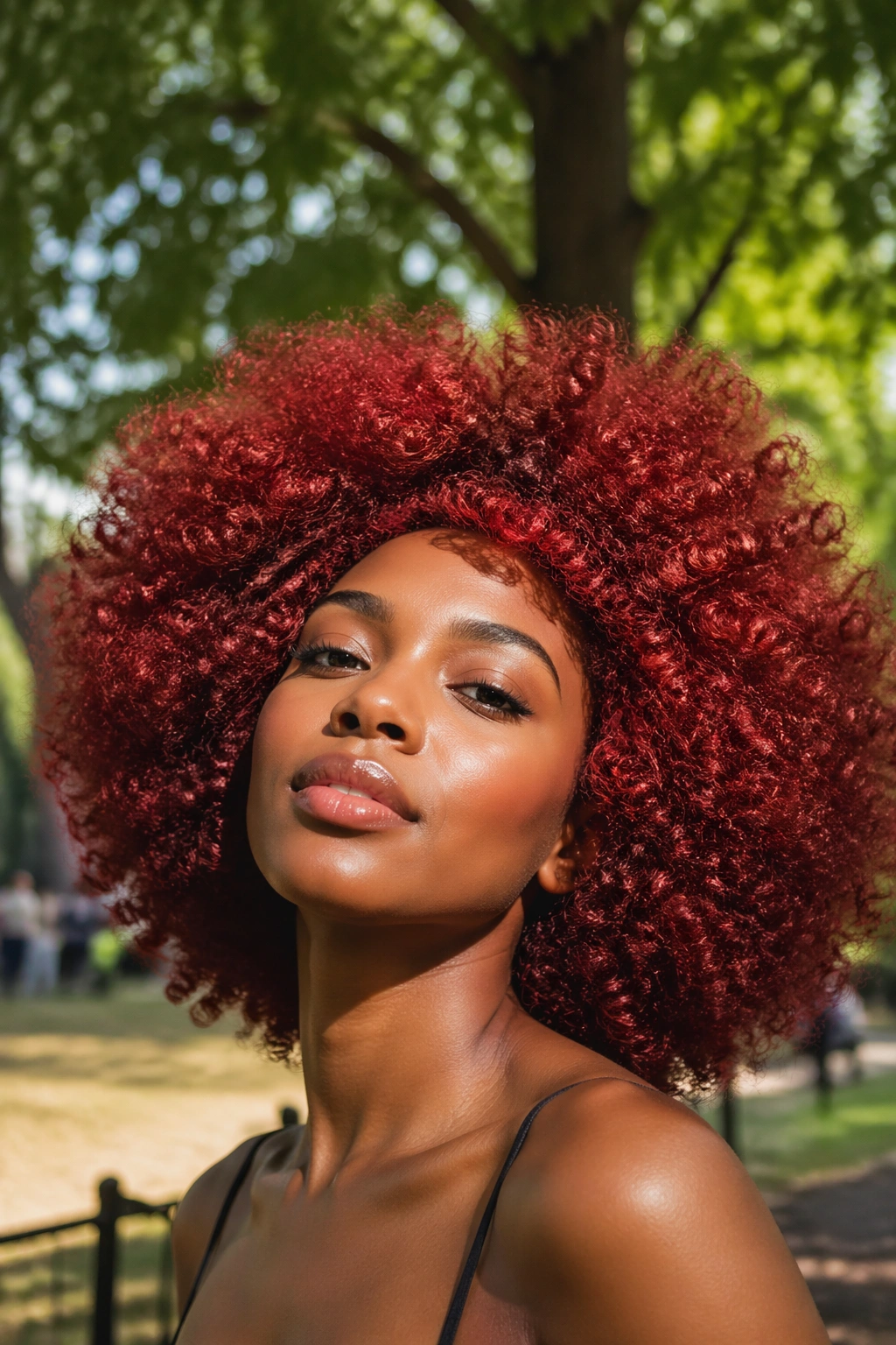 Real woman with red kinky curly afro halo hairstyle