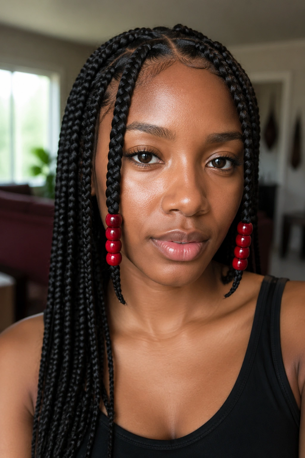Close-up portrait of a real person with red beads on dark box braids at the front.