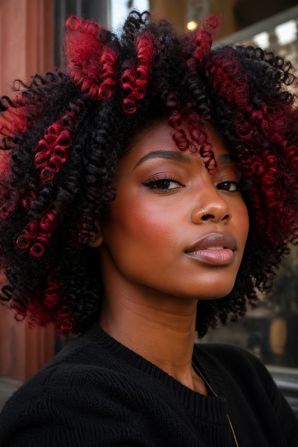 Close-up of two-tone red and black curly hair on a real person
