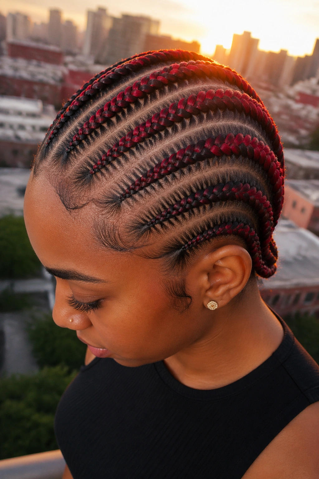 Close-up of a real person with red and black striped cornrows
