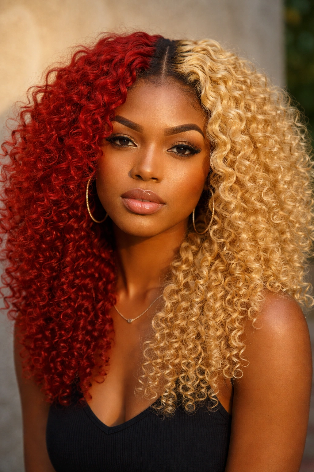 Close-up of a woman with red and blonde split color hair